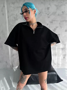 Kadın Yarım Fermuarlı Tişört Düz Oversize T-shirt - Siyah