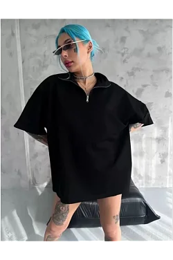Kadın Yarım Fermuarlı Tişört Düz Oversize T-shirt - Siyah