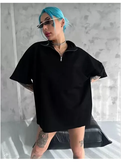 Kadın Yarım Fermuarlı Tişört Düz Oversize T-shirt - Siyah