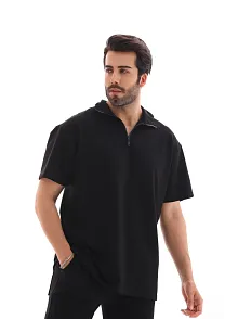 Erkek Yarım Fermuarlı Düz Oversize T-shirt - Siyah
