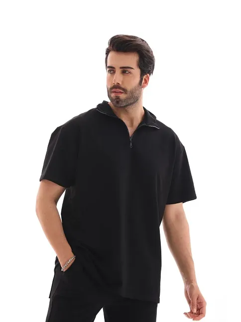 Erkek Yarım Fermuarlı Düz Oversize T-shirt - Siyah