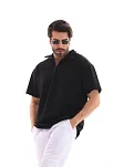 Erkek Yarım Fermuarlı Düz Oversize T-shirt - Siyah