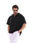 Erkek Yarım Fermuarlı Düz Oversize T-shirt - Siyah