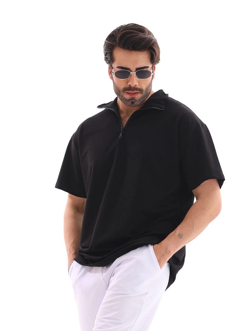 Erkek Yarım Fermuarlı Düz Oversize T-shirt - Siyah