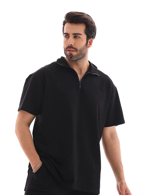 Erkek Yarım Fermuarlı Düz Oversize T-shirt - Siyah