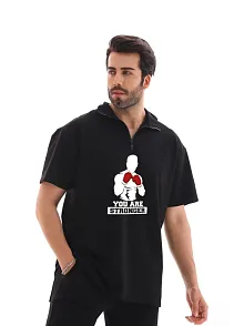 Erkek Yarım Fermuarlı Oversize Baskılı T-shirt - Siyah