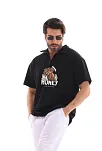 Erkek Yarım Fermuarlı Oversize Baskılı T-shirt - Siyah