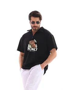 Erkek Yarım Fermuarlı Oversize Baskılı T-shirt - Siyah
