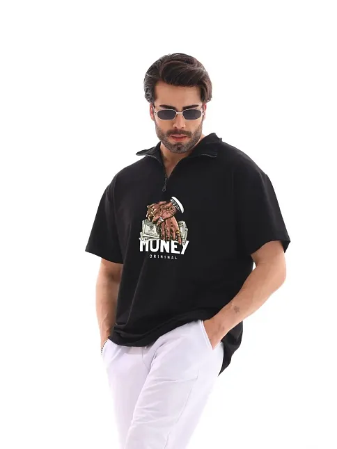 Erkek Yarım Fermuarlı Oversize Baskılı T-shirt - Siyah