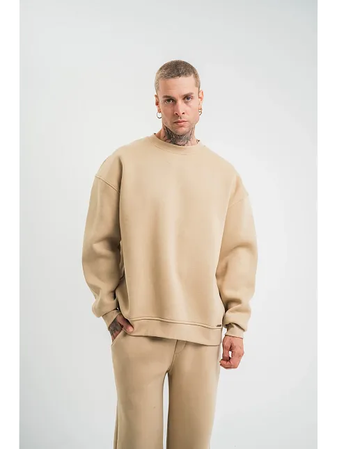 Erkek Uzun Kol Bisiklet Yaka 3 İplik Pamuklu Kışlık Sweatshirt  - Bej