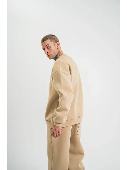 Erkek Uzun Kol Bisiklet Yaka 3 İplik Pamuklu Kışlık Sweatshirt  - Bej