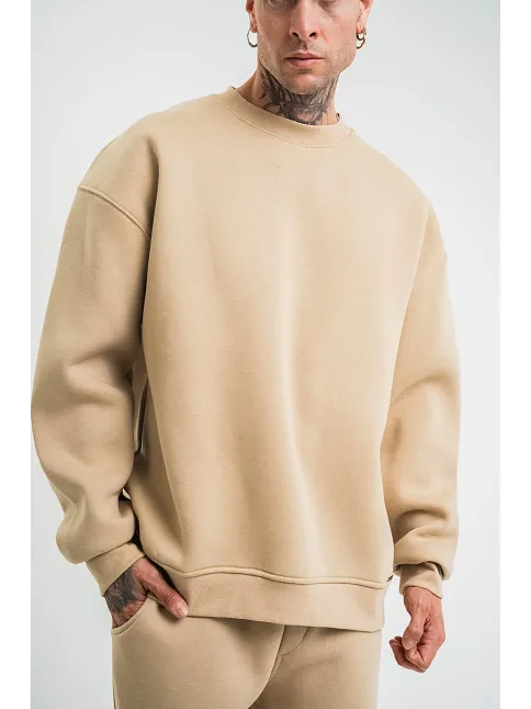 Erkek Uzun Kol Bisiklet Yaka 3 İplik Pamuklu Kışlık Sweatshirt  - Bej