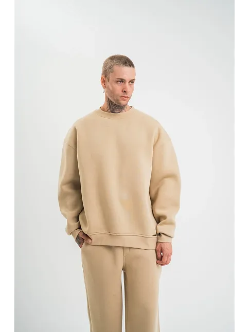 Erkek Uzun Kol Bisiklet Yaka 3 İplik Pamuklu Kışlık Sweatshirt  - Bej