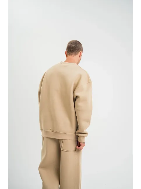 Erkek Uzun Kol Bisiklet Yaka 3 İplik Pamuklu Kışlık Sweatshirt  - Bej