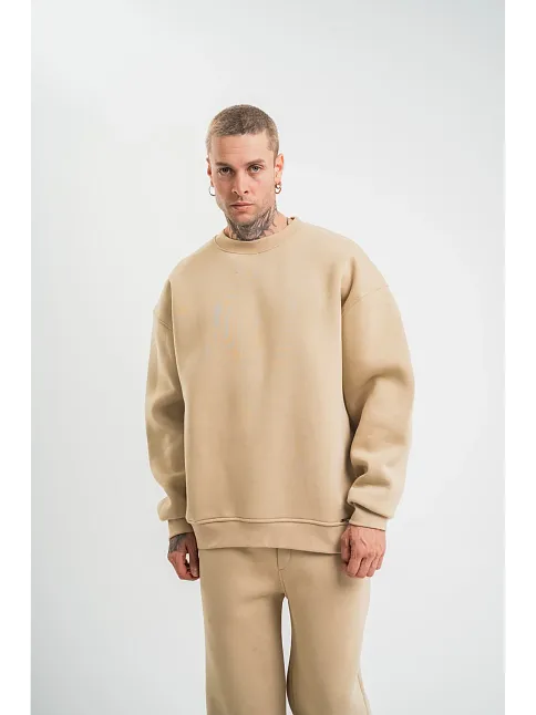 Erkek Uzun Kol Bisiklet Yaka 3 İplik Pamuklu Kışlık Sweatshirt  - Bej