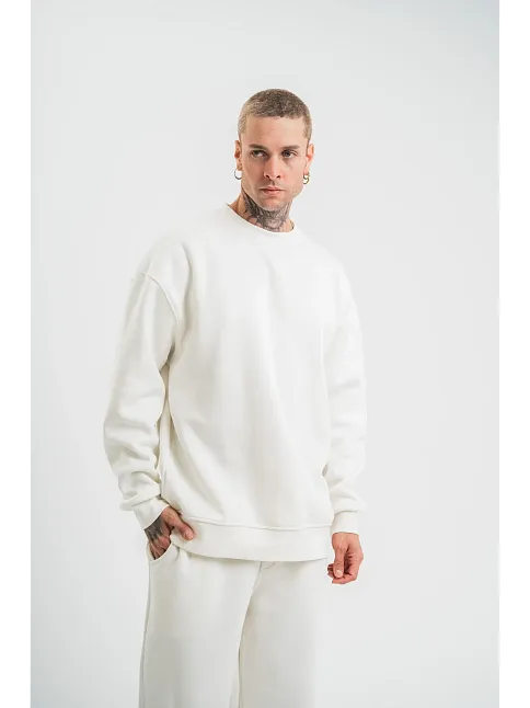 Erkek Uzun Kol Bisiklet Yaka 3 İplik Pamuklu Kışlık Sweatshirt  - Beyaz
