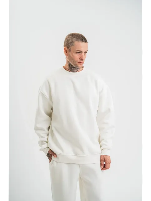 Erkek Uzun Kol Bisiklet Yaka 3 İplik Pamuklu Kışlık Sweatshirt  - Beyaz