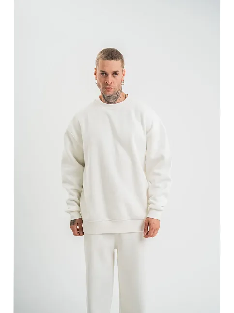 Erkek Uzun Kol Bisiklet Yaka 3 İplik Pamuklu Kışlık Sweatshirt  - Beyaz