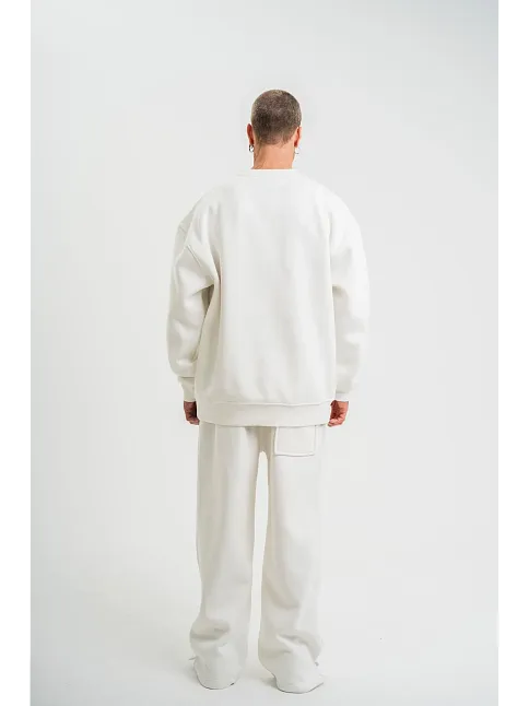 Erkek Uzun Kol Bisiklet Yaka 3 İplik Pamuklu Kışlık Sweatshirt  - Beyaz