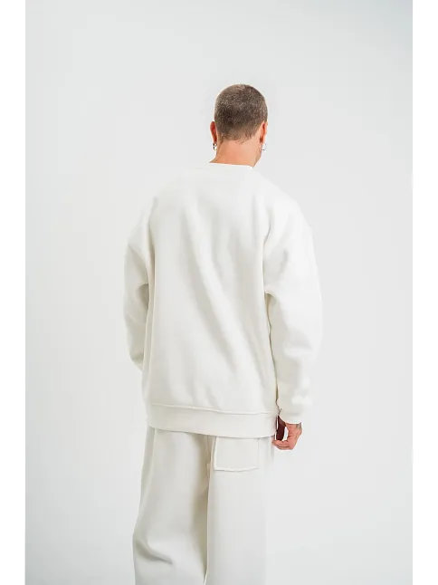 Erkek Uzun Kol Bisiklet Yaka 3 İplik Pamuklu Kışlık Sweatshirt  - Beyaz