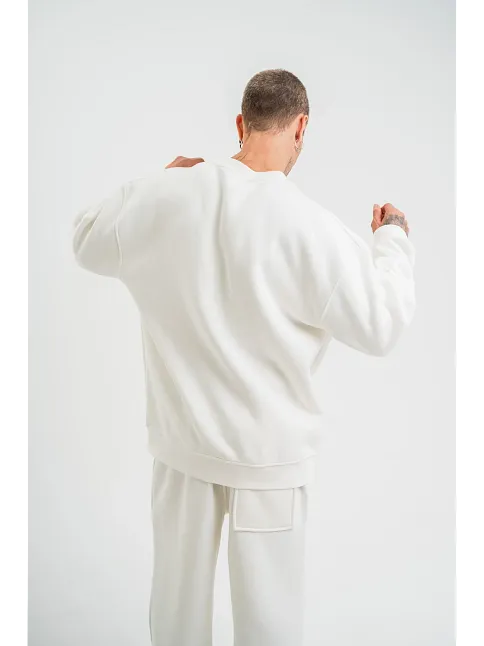 Erkek Uzun Kol Bisiklet Yaka 3 İplik Pamuklu Kışlık Sweatshirt  - Beyaz