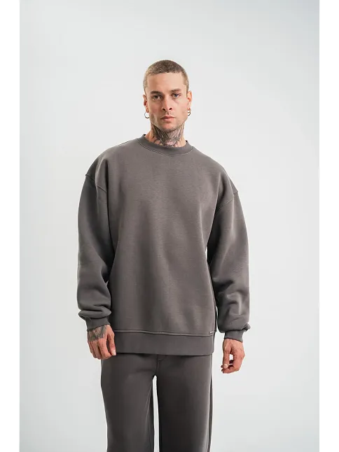 Erkek Uzun Kol Bisiklet Yaka 3 İplik Pamuklu Kışlık Sweatshirt  - Füme