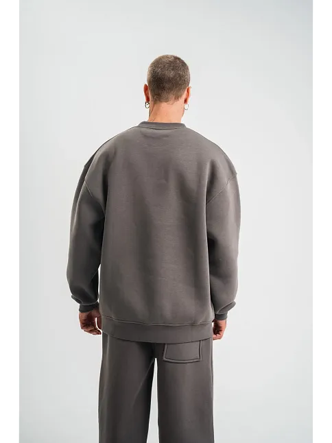 Erkek Uzun Kol Bisiklet Yaka 3 İplik Pamuklu Kışlık Sweatshirt  - Füme