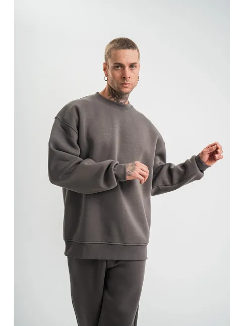 Erkek Uzun Kol Bisiklet Yaka 3 İplik Pamuklu Kışlık Sweatshirt  - Füme