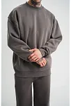 Erkek Uzun Kol Bisiklet Yaka 3 İplik Pamuklu Kışlık Sweatshirt  - Füme