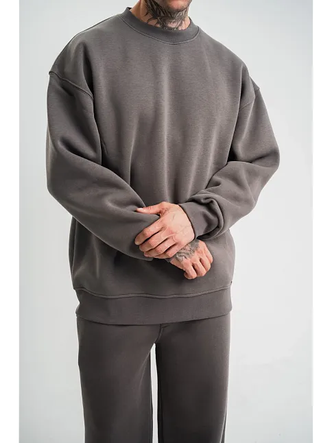 Erkek Uzun Kol Bisiklet Yaka 3 İplik Pamuklu Kışlık Sweatshirt  - Füme