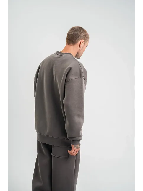 Erkek Uzun Kol Bisiklet Yaka 3 İplik Pamuklu Kışlık Sweatshirt  - Füme