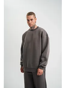 Erkek Uzun Kol Bisiklet Yaka 3 İplik Pamuklu Kışlık Sweatshirt  - Füme
