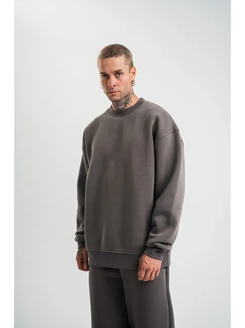 Erkek Uzun Kol Bisiklet Yaka 3 İplik Pamuklu Kışlık Sweatshirt  - Füme