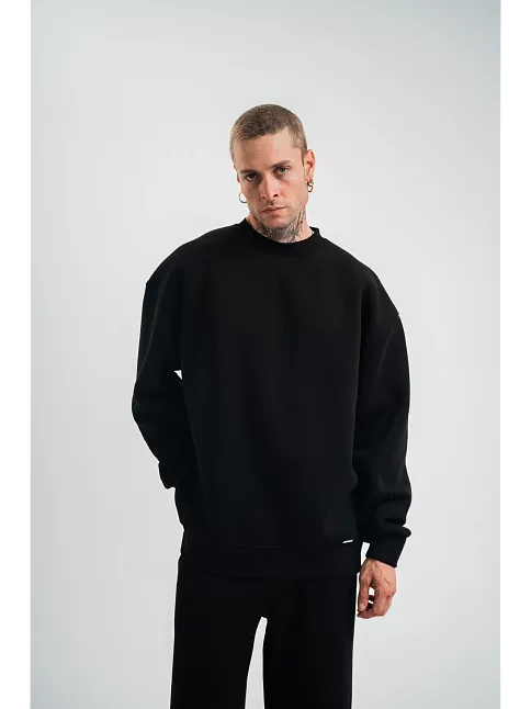 Erkek Uzun Kol Bisiklet Yaka 3 İplik Pamuklu Kışlık Sweatshirt - Siyah