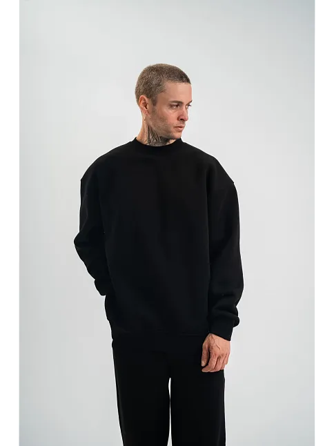 Erkek Uzun Kol Bisiklet Yaka 3 İplik Pamuklu Kışlık Sweatshirt - Siyah