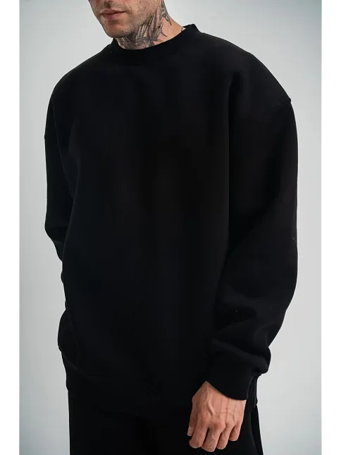 Erkek Uzun Kol Bisiklet Yaka 3 İplik Pamuklu Kışlık Sweatshirt - Siyah