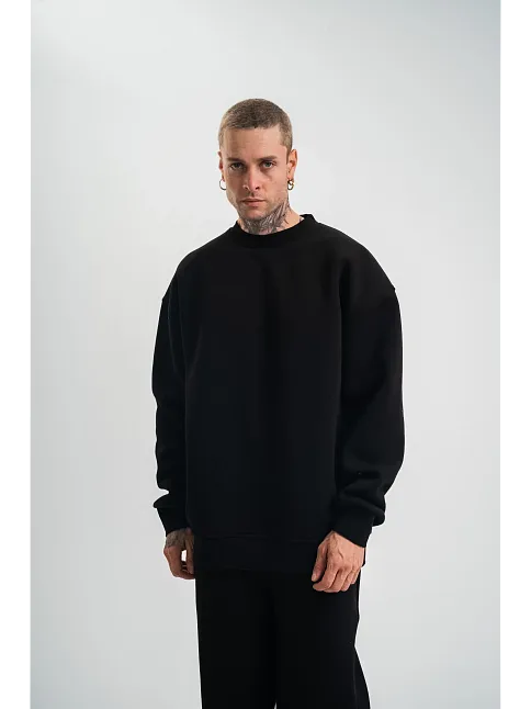 Erkek Uzun Kol Bisiklet Yaka 3 İplik Pamuklu Kışlık Sweatshirt - Siyah