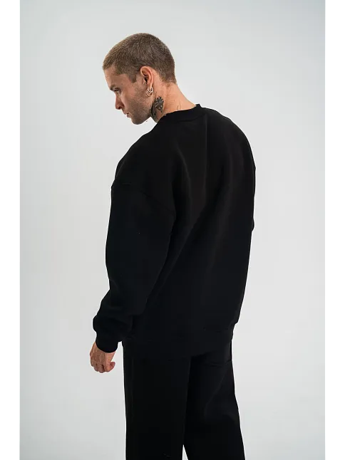 Erkek Uzun Kol Bisiklet Yaka 3 İplik Pamuklu Kışlık Sweatshirt - Siyah