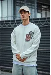 Erkek 3 İplik Pamuklu Bisiklet Yaka Baskılı Sweatshirt - Beyaz