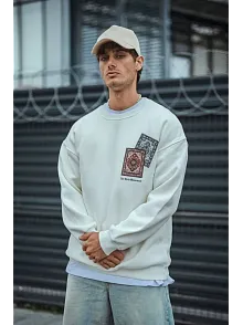Erkek 3 İplik Pamuklu Bisiklet Yaka Baskılı Sweatshirt - Beyaz