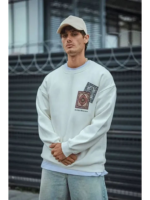 Erkek 3 İplik Pamuklu Bisiklet Yaka Baskılı Sweatshirt - Beyaz
