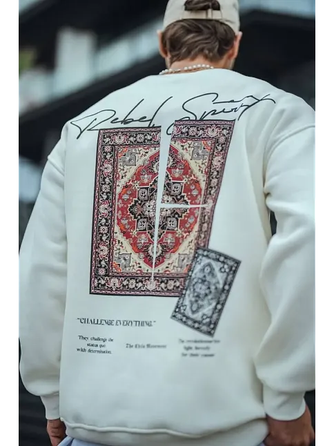 Erkek 3 İplik Pamuklu Bisiklet Yaka Baskılı Sweatshirt - Beyaz