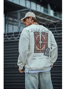 Erkek 3 İplik Pamuklu Bisiklet Yaka Baskılı Sweatshirt - Beyaz