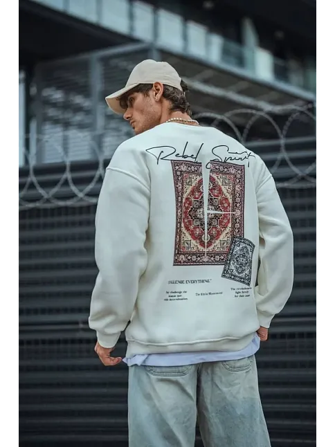 Erkek 3 İplik Pamuklu Bisiklet Yaka Baskılı Sweatshirt - Beyaz
