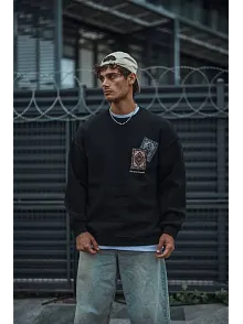 Erkek 3 İplik Pamuklu Bisiklet Yaka Baskılı Sweatshirt - Siyah