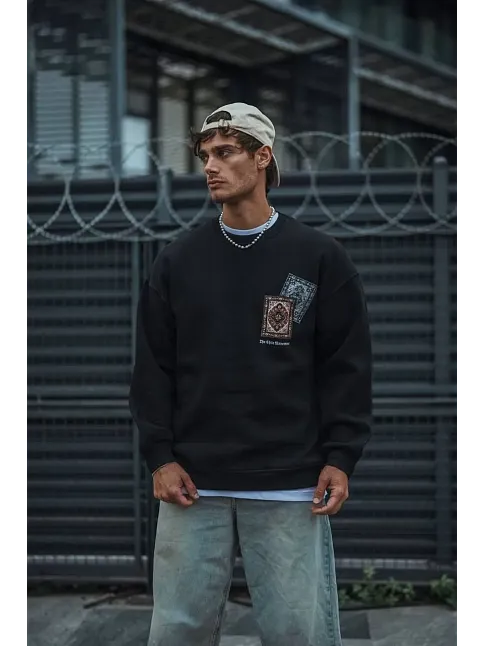 Erkek 3 İplik Pamuklu Bisiklet Yaka Baskılı Sweatshirt - Siyah