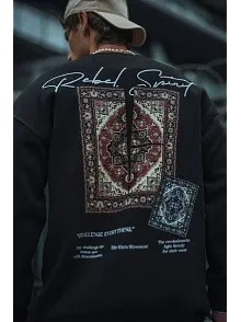 Erkek 3 İplik Pamuklu Bisiklet Yaka Baskılı Sweatshirt - Siyah
