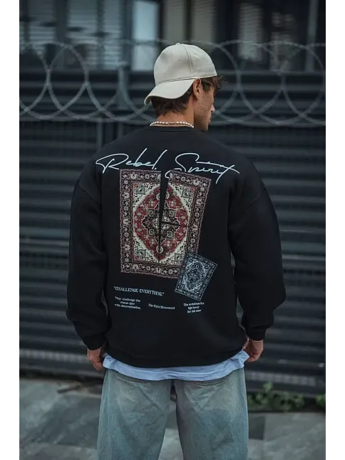 Erkek 3 İplik Pamuklu Bisiklet Yaka Baskılı Sweatshirt - Siyah