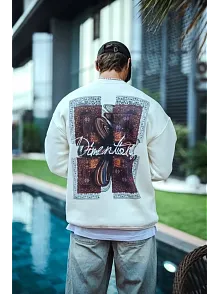 Erkek 3 İplik Pamuklu Bisiklet Yaka Ön Ve Arka Baskılı Sweatshirt - Beyaz