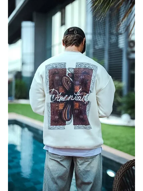 Erkek 3 İplik Pamuklu Bisiklet Yaka Ön Ve Arka Baskılı Sweatshirt - Beyaz